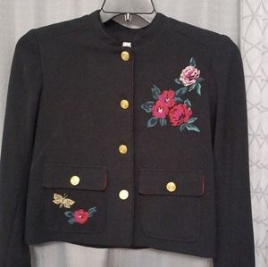 and eawy women's jacket black and gold buttons floral embroidery sz 6 and pocket